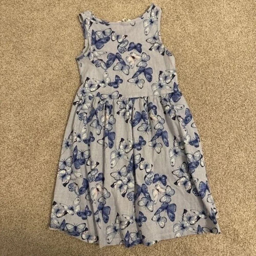 H&M Butterfly Stripe Dress Girls Size 6-8Y Blue White Cotton Sleeveless Skater